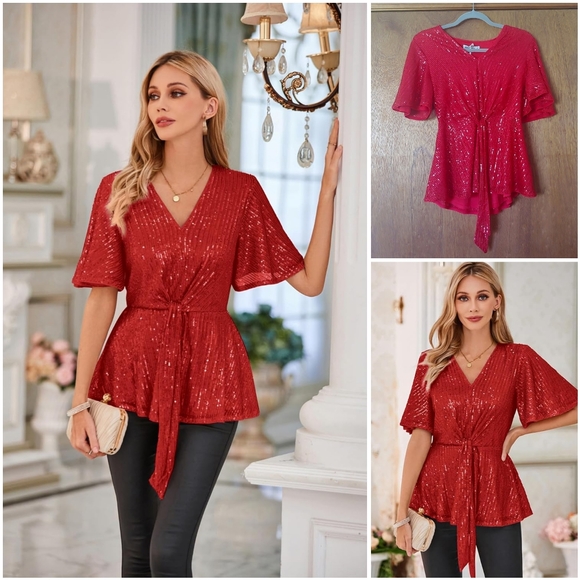 Grace Karin Tops - NWT Grace Karin Red Sequin V Peplum Tie Top Blouse Shirt Short Sleeve Sparkle S